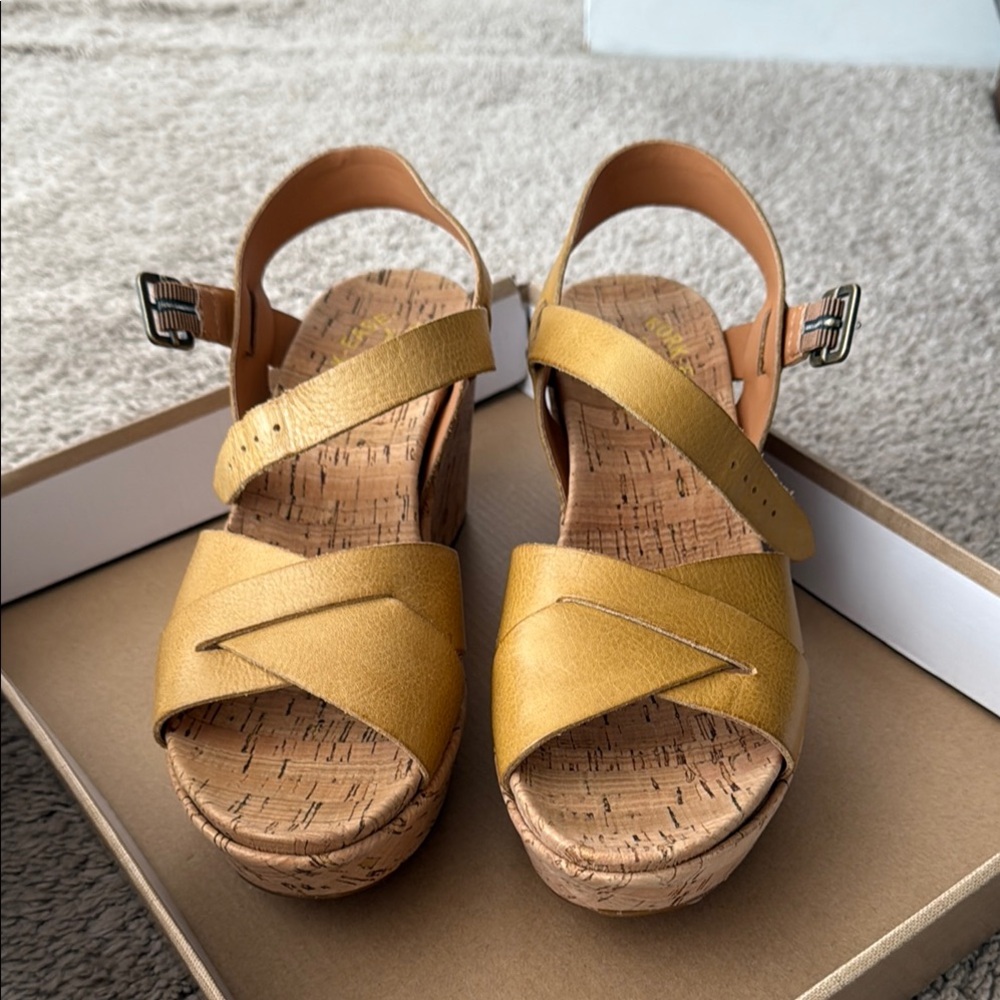 Kork-Ease Yellow Sandals with Crisscross Straps and Cork Footbed